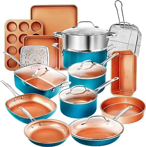 Gotham Steel Cookware + Backgeschirr-Set mit Antihaftbeschichtung, langlebiger Keramik-Kupferbeschichtung - inklusive Bratpfannen, Suppentöpfen, tiefem quadratischem Bratkorb Gotham Steel Cookware + Backgeschirr-Set mit Antihaftbeschichtung, langlebiger Keramik-Kupferbeschichtung - inklusive Bratpfannen, Suppentöpfen, tiefem quadratischem Bratkorb von GOTHAM STEEL