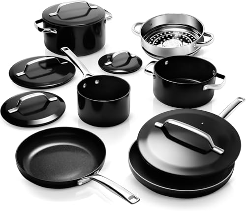 Gotham Steel Modernes Keramik-Kochgeschirr-Set, elegant gestaltete Töpfe und Pfannen, antihaftbeschichtet, mit Dampfgarer, Induktionsboden, hochwertige Griffe bleiben kühl, ungiftig, PFOA-frei, ofen von GOTHAM STEEL