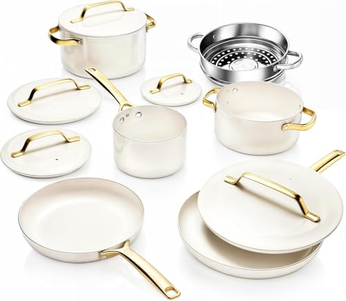 Gotham Steel Modernes Keramik-Kochgeschirr-Set, elegant gestaltete Töpfe und Pfannen, antihaftbeschichtet, mit Dampfgarer, Induktionsboden, hochwertige Griffe bleiben kühl, ungiftig, PFOA-frei, ofen von GOTHAM STEEL