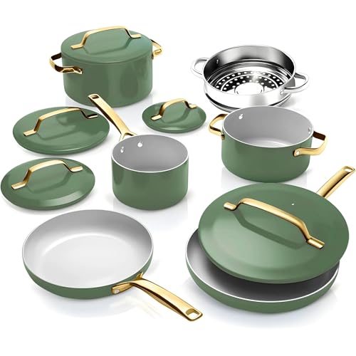Gotham Steel Modernes Keramik-Kochgeschirr-Set, elegant gestaltete Töpfe und Pfannen, antihaftbeschichtet, mit Dampfgarer, Induktionsboden, hochwertige Griffe bleiben kühl, ungiftig, PFOA-frei, ofen Gotham Steel Modernes Keramik-Kochgeschirr-Set, elegant gestaltete Töpfe und Pfannen, antihaftbeschichtet, mit Dampfgarer, Induktionsboden, hochwertige Griffe bleiben kühl, ungiftig, PFOA-frei, ofen von GOTHAM STEEL
