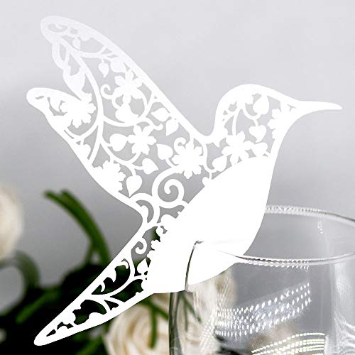 50Stück Schimmer Weiß Laser Cut Vogel Glas Tischkarten Hochzeit Geburtstage Taufe Party Namenskarten für Weinglas Cup Hochzeitsfeier Champagnerglas Deko Gastgeschenk Tischdeko(Weiß) von GOTOTOP