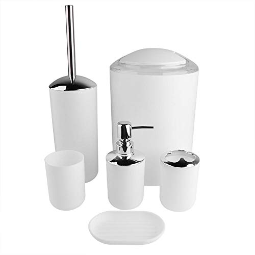 Badezimmer-Zubehör-Set, 6-teiliges Kunststoff-Geschenk-Set, Zahnbürstenhalter, Seifenspender, Seifenschale, WC-Bürstenhalter, Mülleimer, Spülbecher-Set Badezimmer-Zubehör-Set (weiß) von GOTOTOP