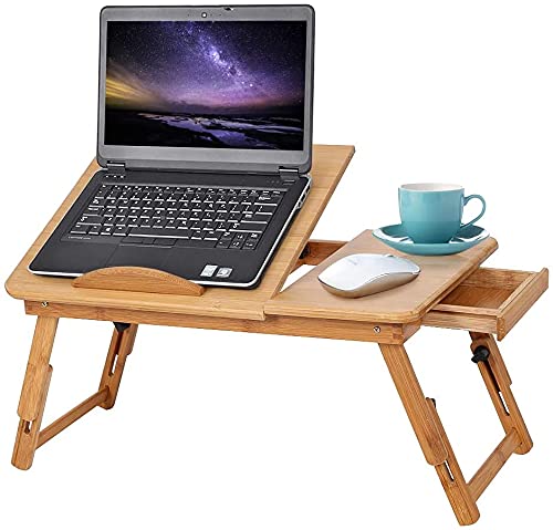 Bambus Laptoptisch, höhenverstellbar klappbarer Notebook-Schreibtisch, Serviertablett Frühstückstisch Kaffee Teetisch Stehpult für Bett und Sofa, Bambus Laptopständer mit Schublade, 53x31x5cm von GOTOTOP