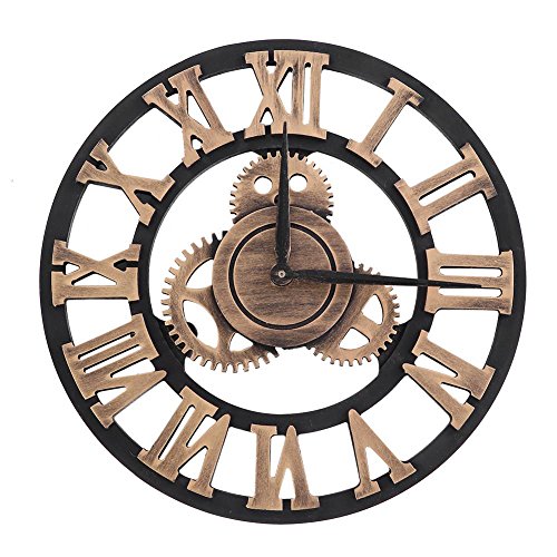 GOTOTOP 3D-Wanduhren für Wohnzimmer Industrie-Ausrüstung Retro römische Ziffer rustikale handgemachte große Ausrüstung Holz Vintage Office Bar(11.81in-Gold) von GOTOTOP
