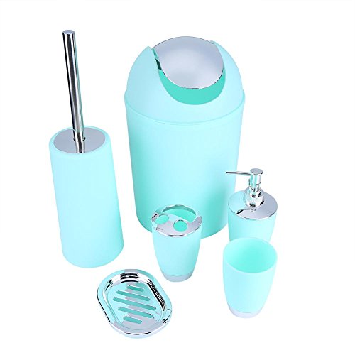 GOTOTOP Badezimmer-Zubehör, Blau, 6-teiliges Badezimmer-Zubehör-Set, Kunststoff-Mülleimer, Geschirrspender, Zahnbürstenhalter, Lotionsflaschen, Zahnbürstenhalter, Zahnbecher, Schale, Toilette von GOTOTOP