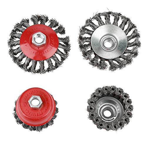 GOTOTOP Drahtbürste Gezopfter Stahldraht, Draht-Rad-Schalen-Bürste 2 x 75mm+ 2 x 105mm Rotary Twist Knot Flache Tasse Stahldraht Rad Pinsel Set für Winkelschleifer Rost Farbe Entfernung von GOTOTOP