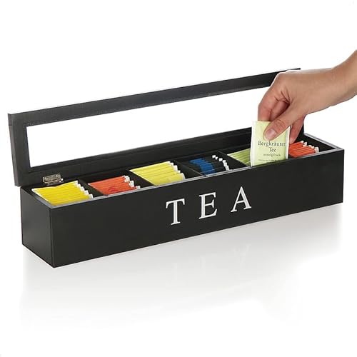 Teebox aus Holz, Teebeutel-Organizer, Aufbewahrungsbox, Teebeutelhalter, Organizer mit 6 Fächern, Teekiste, Behälter, Teedose für Kaffee, Tee, Zucker, Getränke, Packungen (Schwarz) von GOTOTOP