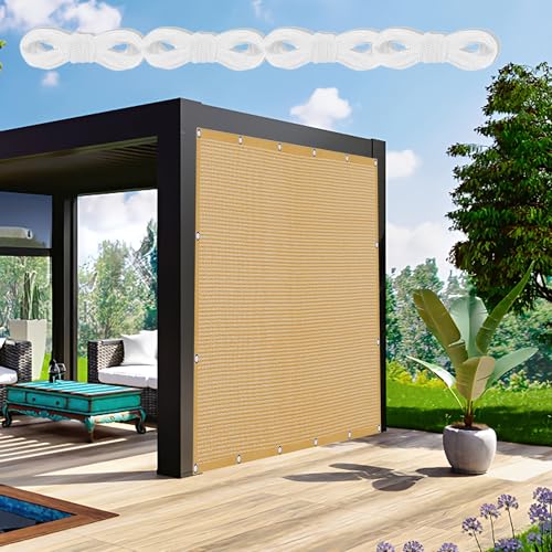 Sonnensegel Rechteckig mit Ösen 420 x 530 cm Rechteckig Atmungsaktiv Sonnenschutz Windschutz Balkonbespannung Reißfest inkl Befestigungsseile für Balkon Garten Terrasse, Sandgelb von GOUBAN