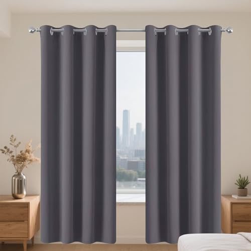 Verdunklungsvorhänge Blickdicht 70 x 210 cm Kälteschutz Sonnenschutz Blackout Typ Gardinen mit Ösen Türvorhang Vielen Farben Und Größen für Jedes Fenster, Dunkelgrau von GOUBO