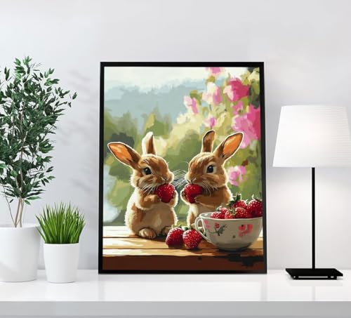 Kaninchen Diamond Painting Erwachsene, 5D Diamant Painting Bilder Erdbeere DIY Runden Steine Mosaikherstellung Basteln Erwachsene Anfänger Kreativ für Zimmer Deko Wohnzimmer, Geschenke 40x55cm 009-3 von GOUFEENG