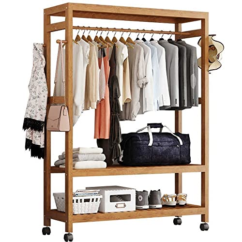 GOUOLSO Garderobenständer auf Rollen Kleiderständer Garderobe Bambus Kleiderstange Kleiderschrank Offen mit Schuhablage Kleiderstange Haken, stabil für Schlafzimmer Flur - L:60/70/80/100CM von GOUOLSO