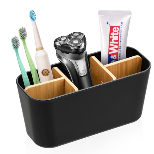 Bambus Trennwände Toothbrush Holder, Zahnbürstenhalter mit 4 Zahnbürstenfächer + 1 Zahnpastafach, Multifunktional Elektrische Zahnbürste Halterung, Badezimmer Organizer Geeignet für Büro Wohnzimmer von GOURDBRO