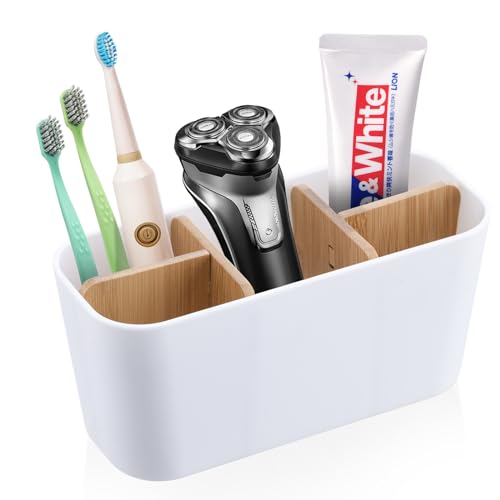 Bambus Trennwand Zahnbürstenhalter, Toothbrush Holder mit 5 Schlitzen, Multifunktional Elektrische Zahnbürste Halterung, Abnehmbar Badezimmer Organizer für Büro Wohnzimmer Waschbecken Arbeitsplatte von GOURDBRO