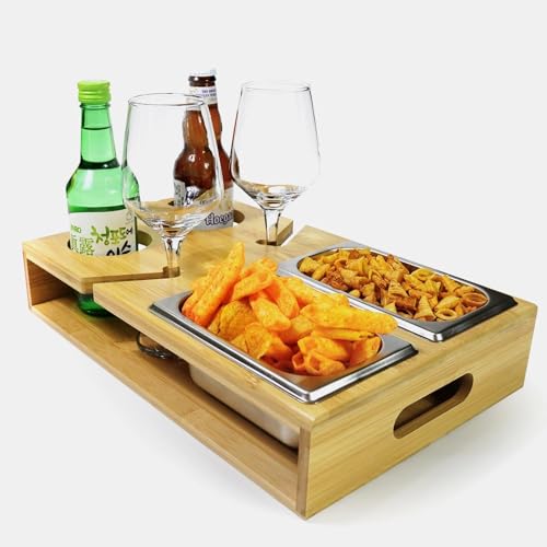 Couch Bar Holz, Couchbar Snackbox Weinglashalter, Rechteckig, Couch Butler mit Edelstahl-Snackschalen, Sofa Bar Geeignet für Wohnzimmer Sofa Restaurant Picknick Party von GOURDBRO