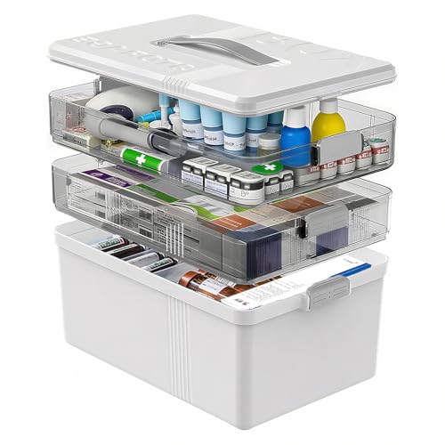 GOURDBRO 3-Tier Medikamenten Aufbewahrung Große - Medikamenten Organizer mit Griff - Kunststoff Hausapotheke Box leer - Mehrzweck Aufbewahrungsbox mit Abnehmbaren Tablett (Weiß) von GOURDBRO