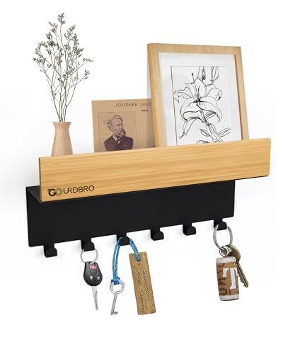 Schlüsselbrett Holz mit Ablage, Wand Schlüsselhalter, Schlüsselboard mit 6 Haken, Multifunktionales Schlüssel Organizer, Schlüsselregal Modern, Schlüsselkasten für Eingangsbereiche Flur Schlafzimmer von GOURDBRO