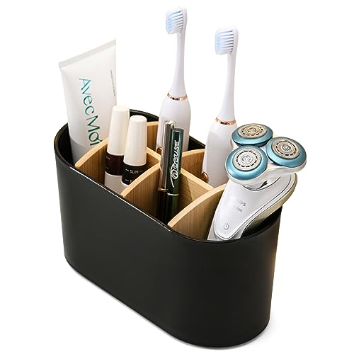 Zahnbürstenhalter mit Bambus Trennwänden für Badezimmer, Toothbrush Holder mit Rutschfester Basis, Zahnbürsten Organizer mit 4 Zahnbürstenfächer + 2 Zahnpastafach für Küche Wohnzimmer Büro（Schwarz） von GOURDBRO