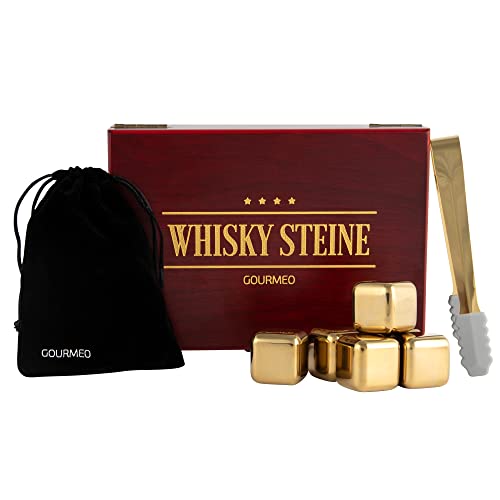 GOURMEO 6 Whiskey Steine Edelstahl in Gold incl. Holz Geschenkbox - Wiederverwendbare Whisky Steine im Set als Alternative zu klassischen Eiswürfel von GOURMEO