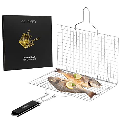 GOURMEO Edelstahl Grillschale - Fisch, Fleisch & Gemüse Grillkorb mit Holzgriff & Bürste - Rostfreie Zubehör Körbe zum Grillen für den Gasgrill und andere Grill Arten von GOURMEO