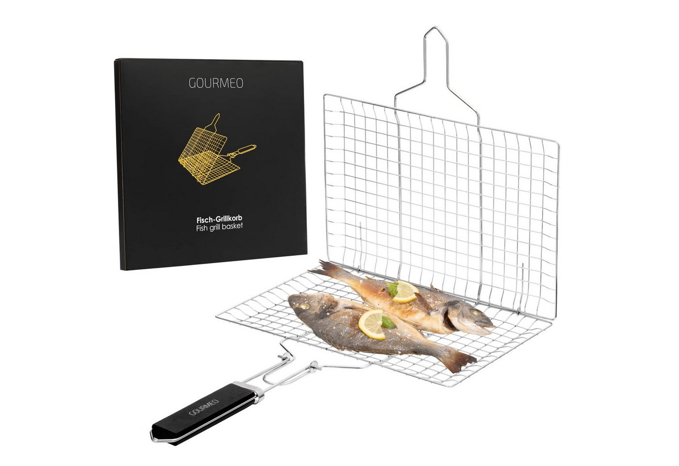 GOURMEO Grillplatte Grillkorb mit Holzgriff und Bürste für Fisch, Fleisch und Gemüse, Grillkorb für Fisch, Fleisch und Gemüse mit Holzgriff und Bürste von GOURMEO