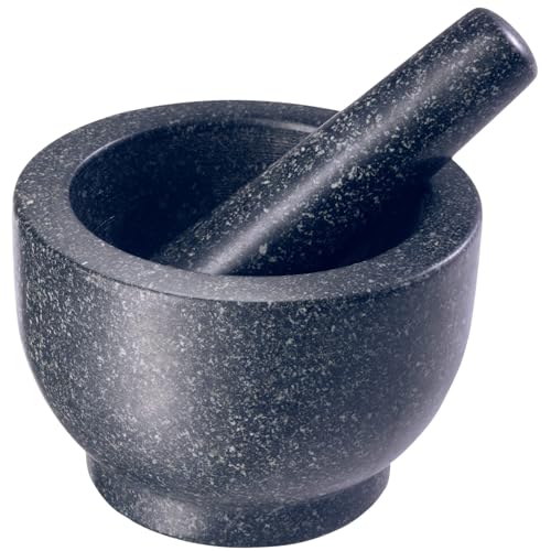 GOURMEO Mörser mit Stößel - Set in Groß aus Massivem Granit Stein - 7 cm Tiefer Mörser mit Aufgerauter Innenseite und Polierter Außenseite - Extra Langer Stößel von GOURMEO