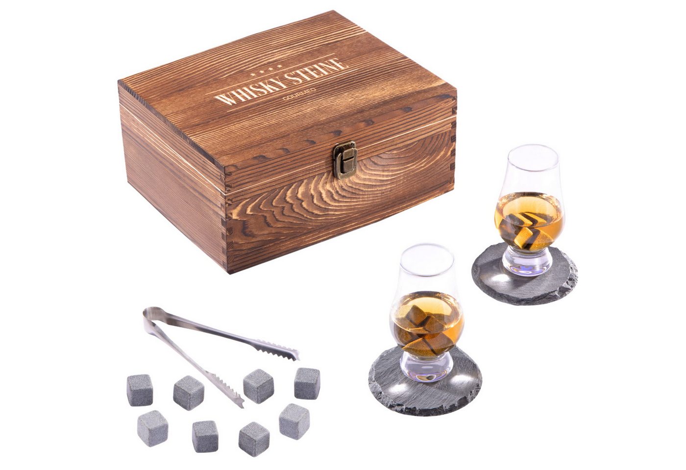 GOURMEO Whiskyglas Whiskey Geschenkset - Perfektes Zubehör für Männer, Holz, Whiskey Geschenkset - Zubehör für Männer von GOURMEO