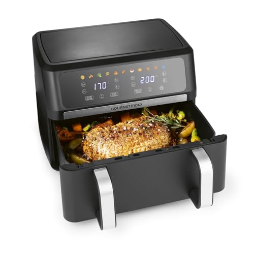 GOURMETmaxx AirGenius Heißluftfritteuse, 10 L - 2 x 5 L Airfryer Vario-Kammer | Fritteuse mit 10 Programmen & Touchscreen | Heißluftfritteuse 2 Kammern – 2 Speisen gleichzeitig, für max. 8 Personen von GOURMETmaxx