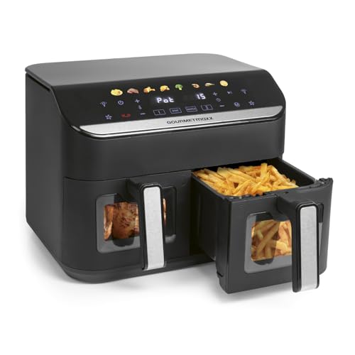 GOURMETmaxx AirGenius Heißluftfritteuse, 9 L - 2 x 4,5 L Airfryer | Fritteuse mit 8 Programmen | Heißluftfritteuse 2 Kammern - 2 Speisen gleichzeitig, für max. 8 Personen | Multi-Color Touchscreen von GOURMETmaxx