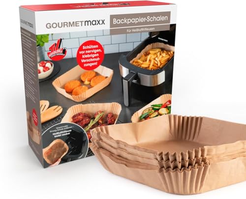 GOURMETmaxx Antihaftbeschichtete Backpapier-Schalen 100er Set für eine deutlich sauberere Heißluft-Fritteuse |Aus ungebleichtem Zellstoff mit extra hohem Rand als Spritzschutz, ca. 20 x 20 x 4,5 cm von GOURMETmaxx