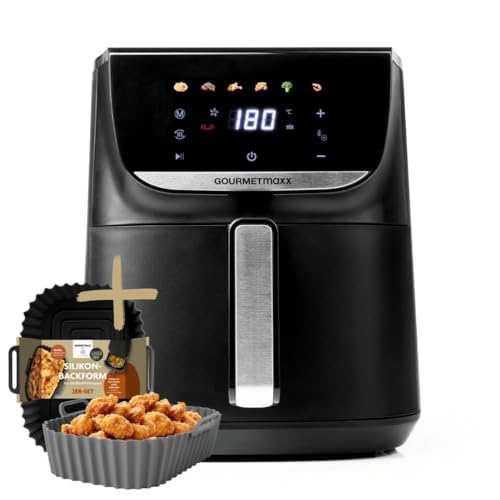 GOURMETmaxx BY KITCHBO 5,5 Liter Heißluft-Fritteuse inkl. Silikon-Backform 2er Set rechteckig | Airfryer mit 7 Programmen, Farbdisplay, Touchscreen | Silikon-Backform für optimale Zirkulation von GOURMETmaxx