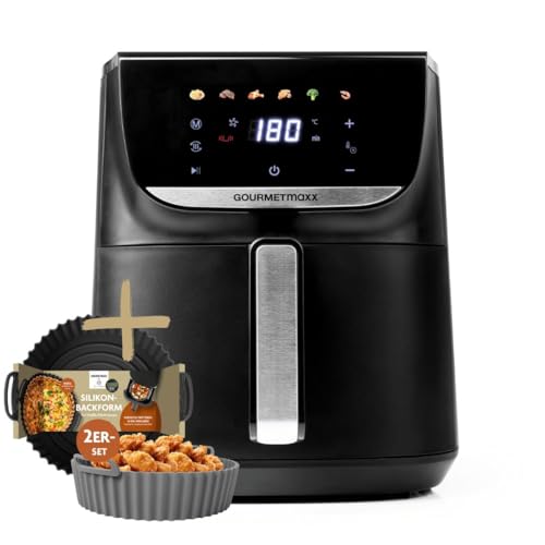 GOURMETmaxx BY KITCHBO 5,5 Liter Heißluft-Fritteuse inkl. Silikon-Backform 2er Set rund ⌀20cm | Airfryer mit 7 Programmen, Farbdisplay, Touchscreen | Silikon-Backform für optimale Zirkulation von GOURMETmaxx