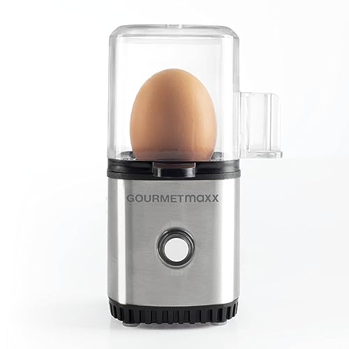 GOURMETmaxx Eierkocher für 1 Ei | Elektrischer, energiesparsamer Egg Cooker mit einfacher Bedienung für perfekte Frühstückseier | Mit Messbecher & Ei-Pick | Kompaktes Design & BPA frei [Edelstahl] von GOURMETmaxx