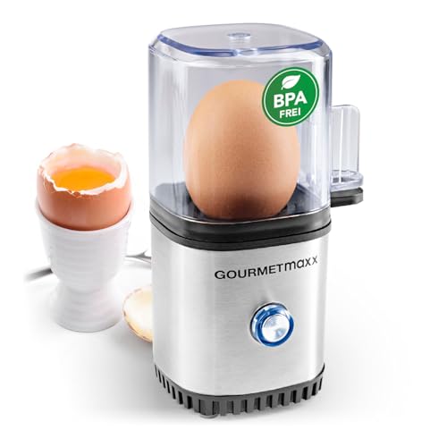 GOURMETmaxx Eierkocher für 1 Ei | Elektrischer, energiesparsamer Egg Cooker mit einfacher Bedienung für perfekte Frühstückseier | Mit Messbecher & Ei-Pick | Kompaktes Design & BPA frei [Edelstahl] von GOURMETmaxx