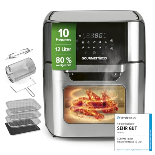 GOURMETmaxx Digitale Heißluftfritteuse 12 L, XXL-Edelstahl-Ofen | Airfryer + Timer, Touchdisplay, Drehspieß | fettarm, energiesparend frittieren | 10 Programme inkl. Pizza | 1800 W GOURMETmaxx Digitale Heißluftfritteuse 12 L, XXL-Edelstahl-Ofen | Airfryer + Timer, Touchdisplay, Drehspieß | fettarm, energiesparend frittieren | 10 Programme inkl. Pizza | 1800 W von GOURMETmaxx