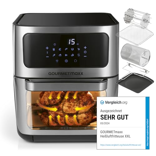 GOURMETmaxx Digitale XXL Heißluftfritteuse 12 Liter - Ofen, Grill und Fritteuse mit Sichtfenster | Fettarme und schonende Zubereitung nahezu ohne Öl | 9 Programme, Timerfunktion für punktgenaues Garen von GOURMETmaxx