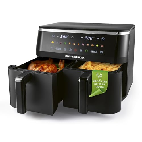 GOURMETmaxx Doppelkammer Heißluftfritteuse - 2 x 4,5 L | Synchro-Garzonen Airfryer | Fritteuse mit LED-Touchscreen, Farb-Icons | Heißluftfritteuse 2 Kammern mit 12 Programmen | fast ohne Öl frittieren von GOURMETmaxx
