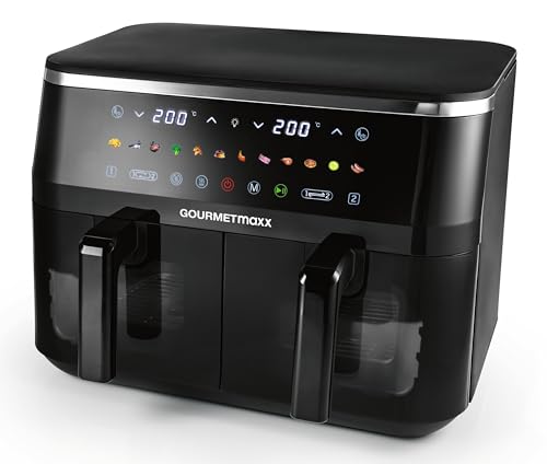 GOURMETmaxx Doppelkammer Heißluftfritteuse - 2 x 4,5 L | Synchro-Garzonen Airfryer | Fritteuse mit LED-Touchscreen, Farb-Icons | Heißluftfritteuse 2 Kammern mit 12 Programmen und 2 Frontsichtfenstern von GOURMETmaxx