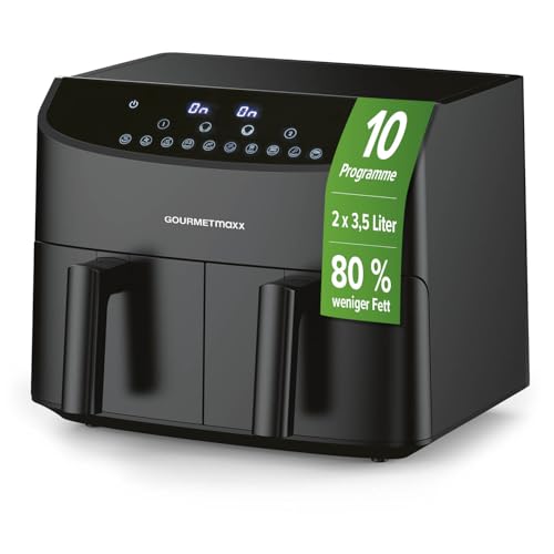 GOURMETmaxx Doppelkammer-Heißluftfritteuse 2x 3,5L - Schwarz | Airfryer + synchronisierte Garzonen, Timerfunktion & Touchdisplay | energiesparend frittieren | 10 Programme | 2400 W von GOURMETmaxx