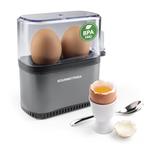 GOURMETmaxx Eierkocher für 2 Eier | Egg Boiler mit Eierstecher im Messbecher | Egg Cooker – 3 Härtegrade für deinen Eierbecher | Design Eierkocher klein – spülmaschinenfeste Teile von GOURMETmaxx