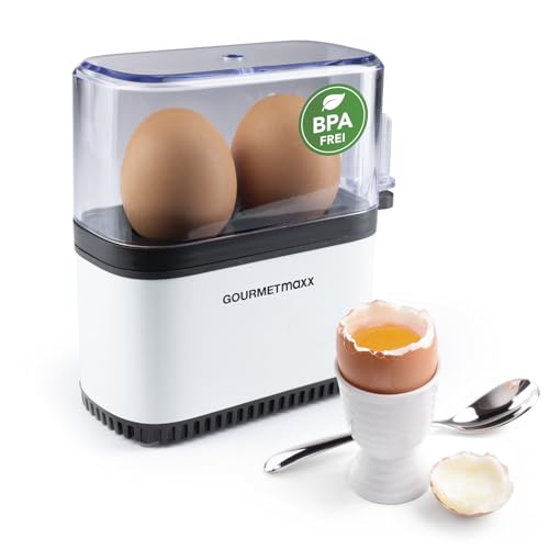 GOURMETmaxx Eierkocher für 2 Eier | Egg Boiler mit Eierstecher im Messbecher | Egg Cooker – 3 Härtegrade für deinen Eierbecher | Design Eierkocher klein – spülmaschinenfeste Teile von GOURMETmaxx