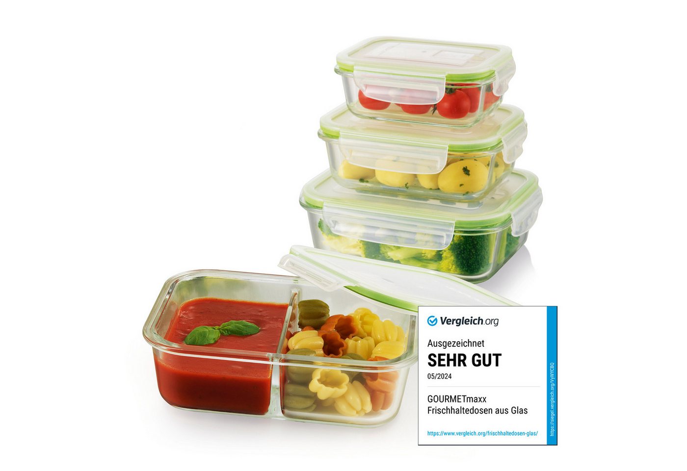 GOURMETmaxx Frischhaltedose Lunchbox, Glas, (4er Set, 8-tlg), Glas-Frischhaltedosen Klick-it inkl. Ventil von GOURMETmaxx