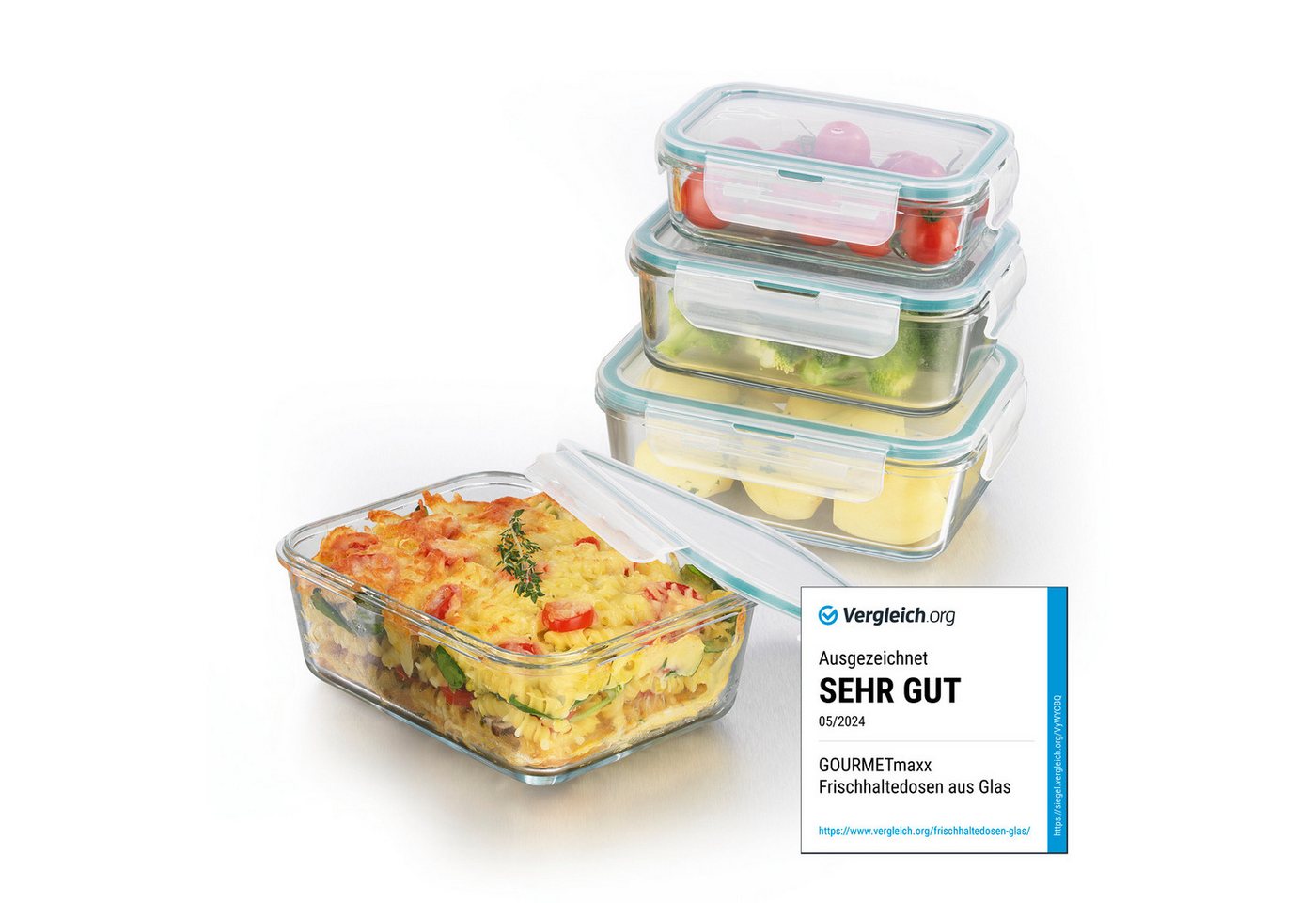 GOURMETmaxx Frischhaltedose Lunchbox Vorratsdosen tropfsicher, Glas, (4er Set, 8-tlg), Glas-Frischhaltedosen 1x 400ml, 1x 750ml, 1x 900ml, 1x 1600ml von GOURMETmaxx