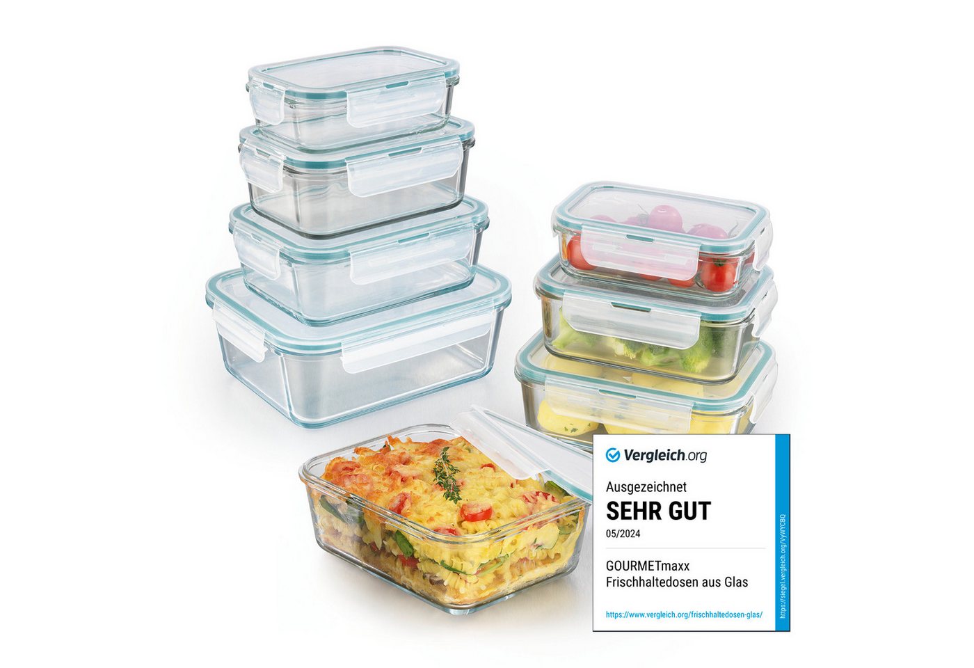 GOURMETmaxx Frischhaltedose -20 bis +330 °c, Glas, (8er Set, 16-tlg), auslaufsicher Lunchbox Vorratsdosen klick-it robustem Borosilicat-Glas von GOURMETmaxx