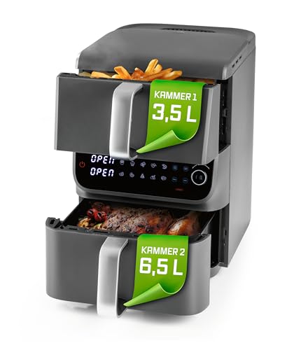 GOURMETmaxx FryUp Doppelkammer Heißluftfritteuse MultiSize - 10 L | vertikaler Airfryer mit 2 Kammergrößen: weniger Garraum verschwenden | 10 Programme & LED-Touchdisplay | Heißluftfritteuse 2 Kammern GOURMETmaxx FryUp Doppelkammer Heißluftfritteuse MultiSize - 10 L | vertikaler Airfryer mit 2 Kammergrößen: weniger Garraum verschwenden | 10 Programme & LED-Touchdisplay | Heißluftfritteuse 2 Kammern von GOURMETmaxx