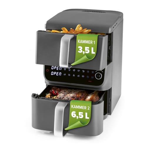 GOURMETmaxx FryUp Doppelkammer Heißluftfritteuse MultiSize - 10 L | vertikaler Airfryer mit 2 Kammergrößen: weniger Garraum verschwenden | 10 Programme & LED-Touchdisplay | Heißluftfritteuse 2 Kammern GOURMETmaxx FryUp Doppelkammer Heißluftfritteuse MultiSize - 10 L | vertikaler Airfryer mit 2 Kammergrößen: weniger Garraum verschwenden | 10 Programme & LED-Touchdisplay | Heißluftfritteuse 2 Kammern von GOURMETmaxx