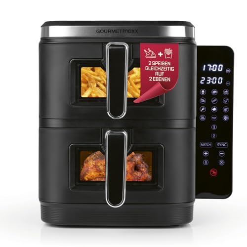 GOURMETmaxx FryUp Vertikale Doppelkammer Heißluftfritteuse XXL | Airfryer mit Sichtfenstern & Klapp-Touchdisplay | Heißluftfritteuse 2 Kammern - 10 L Volumen | Heissluftfritteuse Doppelkammer 2 Ebenen von GOURMETmaxx