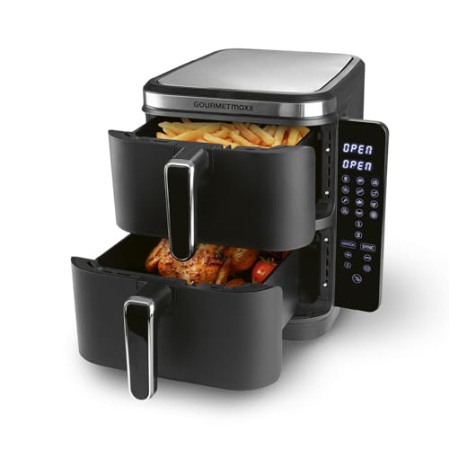 GOURMETmaxx FryUp Vertikale Doppelkammer Heißluftfritteuse | Airfryer 10 Liter | 4 Speisen auf 4 Ebenen | klappbares Touchdisplay | 32% platzsparender | Heißluftfritteuse 2 Kammern von GOURMETmaxx