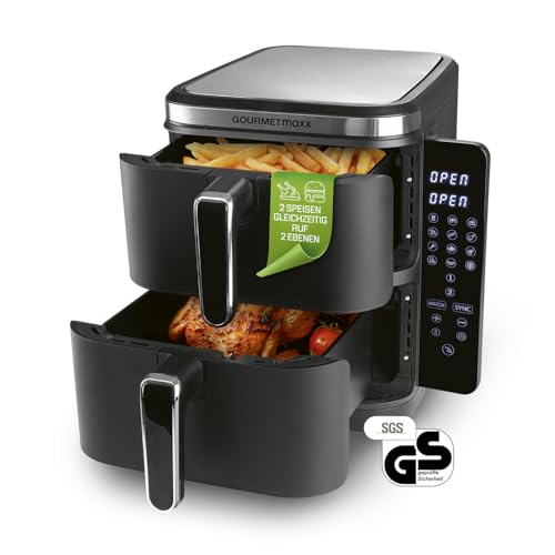 GOURMETmaxx FryUp Vertikale Doppelkammer Heißluftfritteuse | vertikaler Airfryer | klappbares Touchdisplay | 32% platzsparender | Fassungsvermögen 10L | Heißluftfritteuse 2 Kammern von GOURMETmaxx