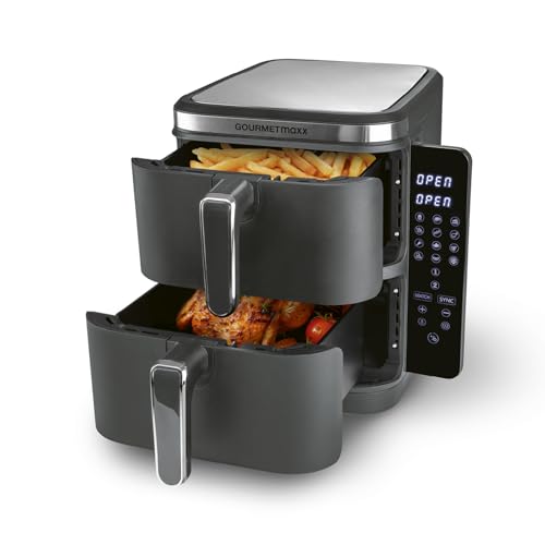 GOURMETmaxx FryUp Vertikale Doppelkammer Heißluftfritteuse | vertikaler Airfryer | klappbares Touchdisplay | 32% platzsparender | Fassungsvermögen 10L | Heißluftfritteuse 2 Kammern von GOURMETmaxx
