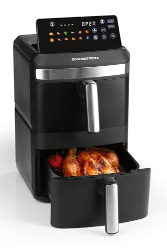 GOURMETmaxx FryUp XL vertikale Doppelkammer Heißluftfritteuse - 12 L | Airfryer mit 9,6 Zoll Multi-Colour LED-Touchdisplay & 12 Programmen | Heißluftfritteuse 2 Kammern | SYNC- & MATCH-Funktion von GOURMETmaxx